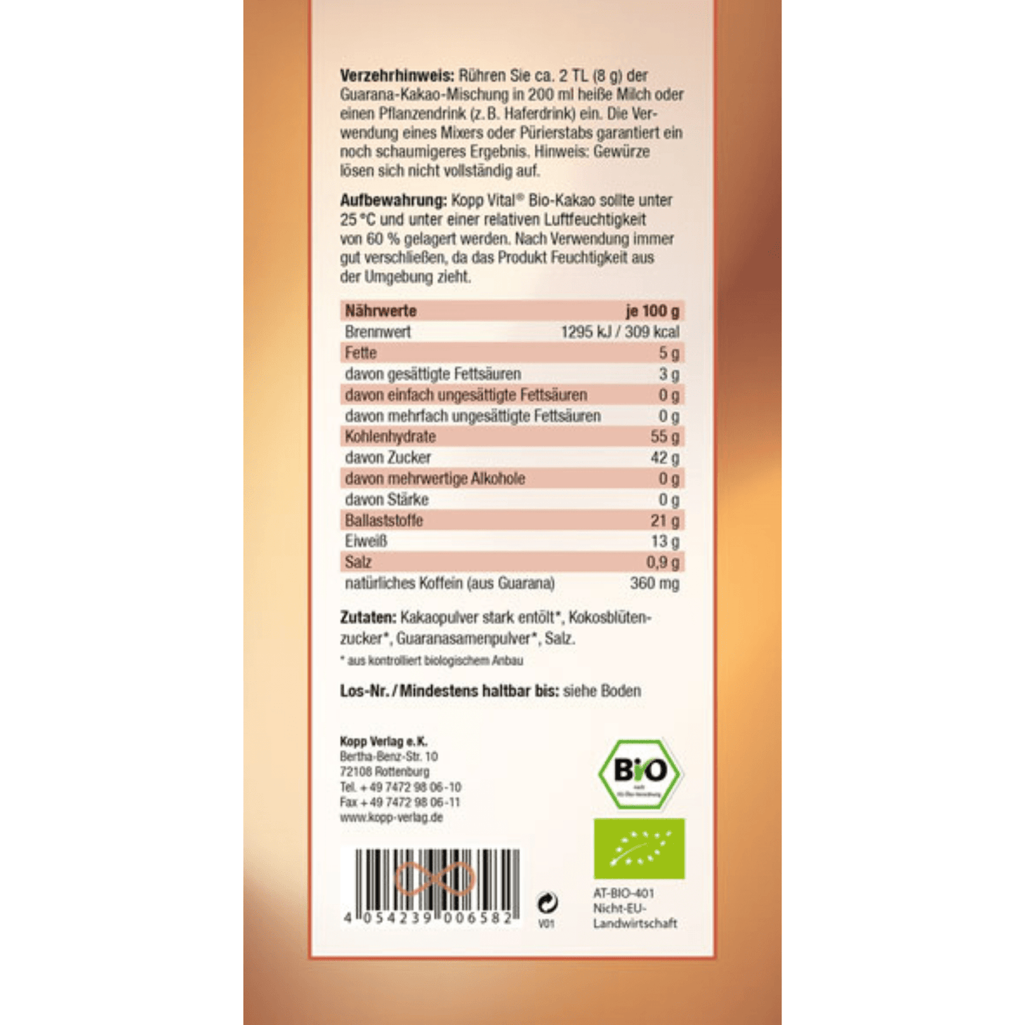 Bio-Kakaopulver mit Guarana und Kokosblütenzucker – vegane Kakaomischung ohne Zusatzstoffe, ideal für Energie und Fokus