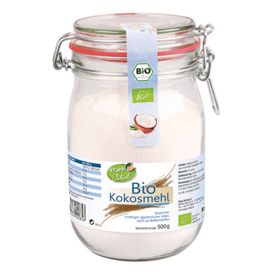 Feines Bio-Kokosmehl in umweltfreundlicher Verpackung – ideal zum glutenfreien Backen, Kochen und als Ballaststoffquelle