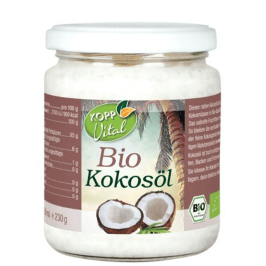 Glas mit hochwertigem Kopp Vital Bio-Kokosöl – vielseitig einsetzbar in Küche, Kosmetik und Gesundheitsanwendungen