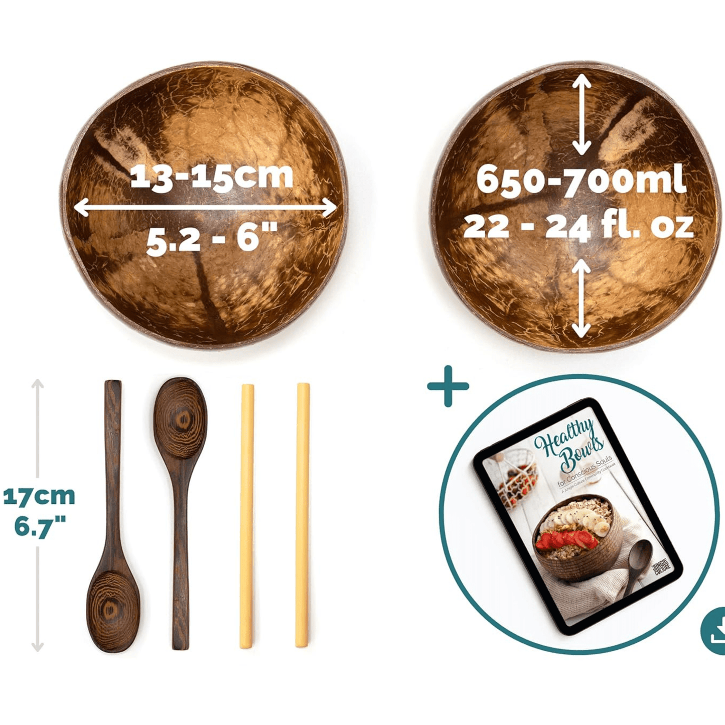 Kokosnuss Schale 2er Set mit Holzlöffeln & Bambusstrohhälmen - Kokoswelt