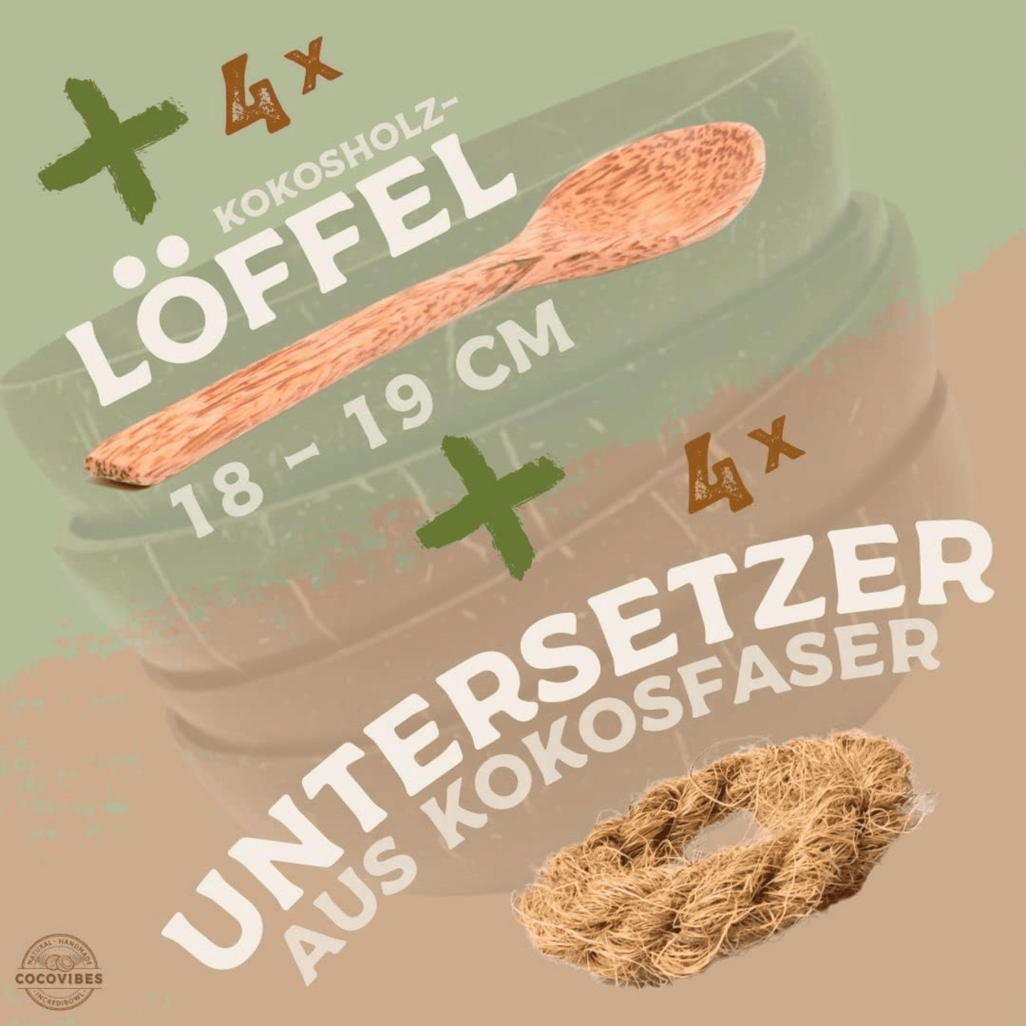 Kokosnuss Schalen - 4er Set mit Anti - Kipp - Ring & Holzlöffel - nachhaltig - Kokoswelt