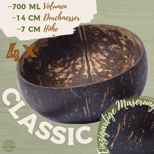 Kokosnuss Schalen - 4er Set mit Anti - Kipp - Ring & Holzlöffel - nachhaltig - Kokoswelt