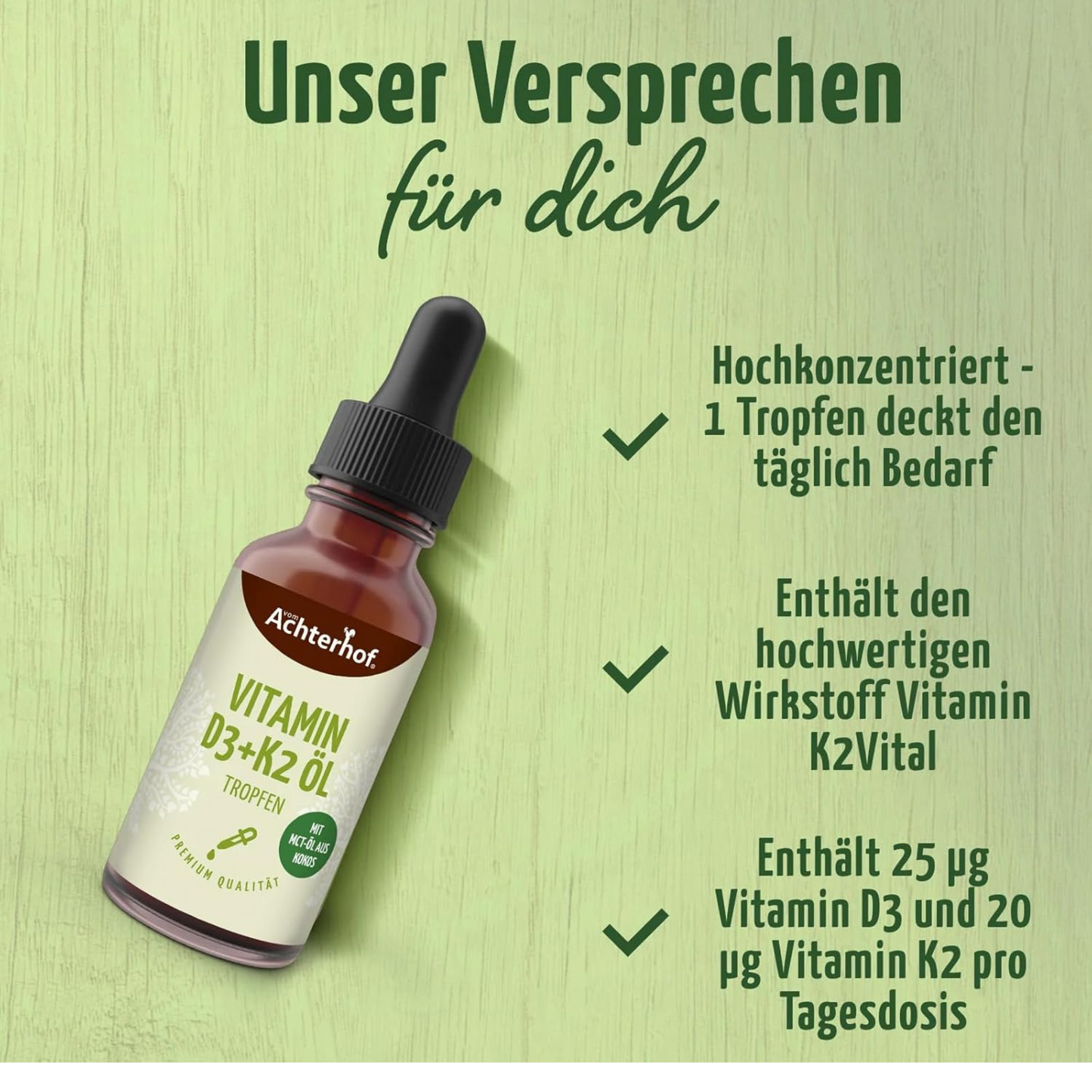 Vitamin D3 K2 Tropfen hochdosiert mit Kokos-MCT-Öl in Braunglasflasche mit Pipette – Nahrungsergänzung für Immunsystem und Knochen