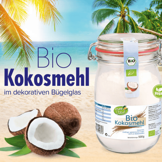 Feines Bio-Kokosmehl in umweltfreundlicher Verpackung – ideal zum glutenfreien Backen, Kochen und als Ballaststoffquelle