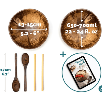 Kokosnuss Schale 2er Set mit Holzlöffeln & Bambusstrohhälmen - Kokoswelt
