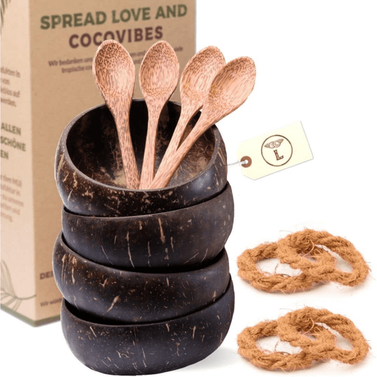 Kokosnuss Schalen - 4er Set mit Anti - Kipp - Ring & Holzlöffel - nachhaltig - Kokoswelt