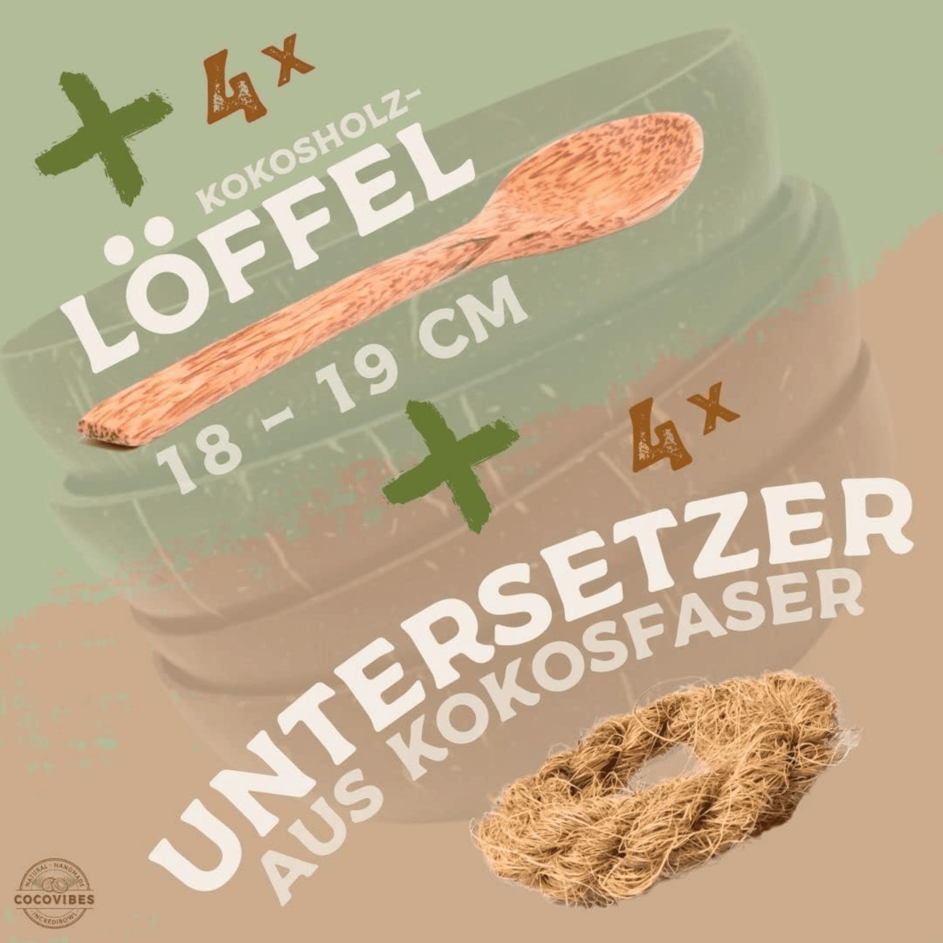 Kokosnuss Schalen - 4er Set mit Anti - Kipp - Ring & Holzlöffel - nachhaltig - Kokoswelt